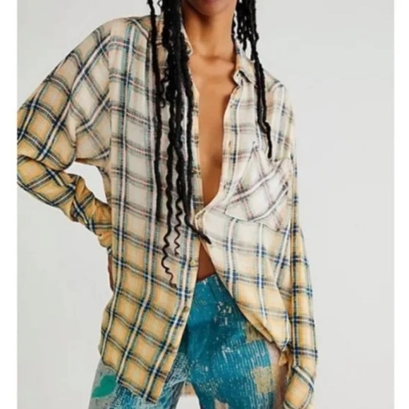 Free People Tops - NW partial tag 
Free People One Grunge Plaid Ombré Oversized Button Down